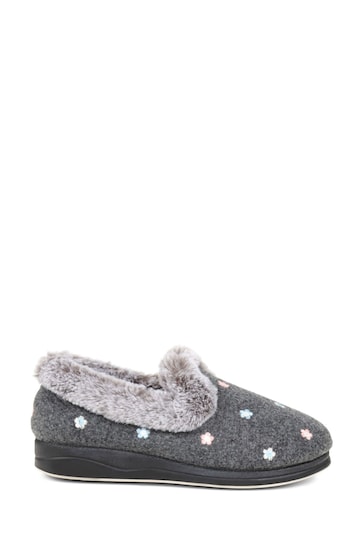 Pavers Grey Floral Faux Fur Slippers
