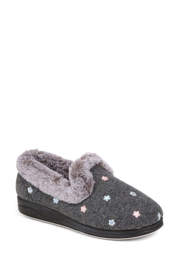 Pavers Grey Floral Faux Fur Slippers