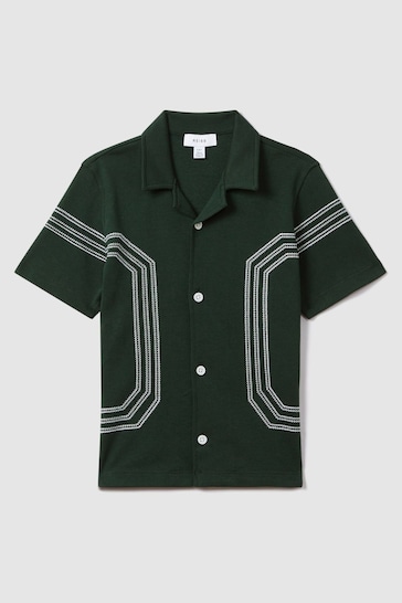 Reiss Green Arlington Senior Cotton Embroidered Cuban Collar Shirt