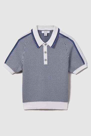 Reiss Blue Brunswick Junior Geometric Design Knitted Polo Scuff Shirt