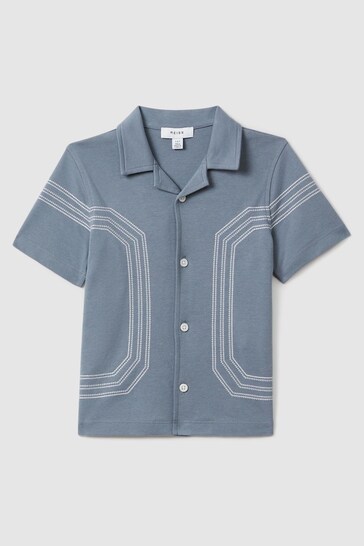 Reiss Airforce Blue Arlington Junior Cotton Embroidered Cuban Collar Shirt