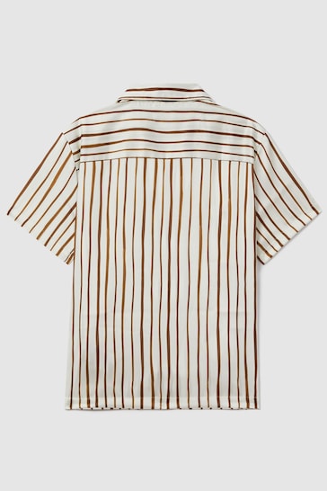 Reiss Ecru/Tobacco Rava Striped Cuban Collar Shirt