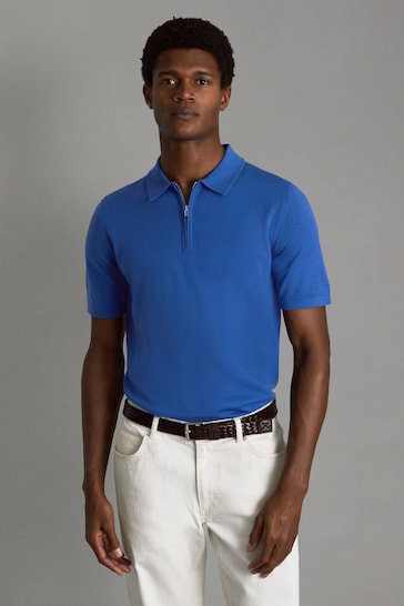 Reiss Lapis Blue Maxwell Merino Wool Half-Zip Polo Shirt