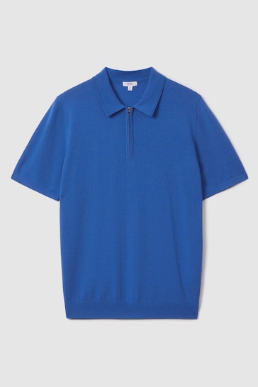 Reiss Lapis Blue Maxwell Merino Wool Half-Zip Polo Shirt