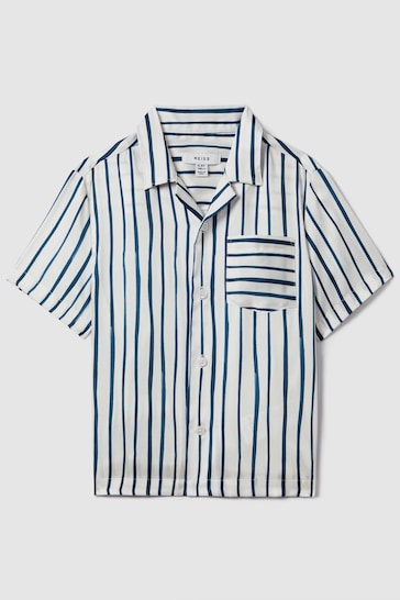 Reiss White/Blue Rava Teen Striped Cuban Collar Shirt