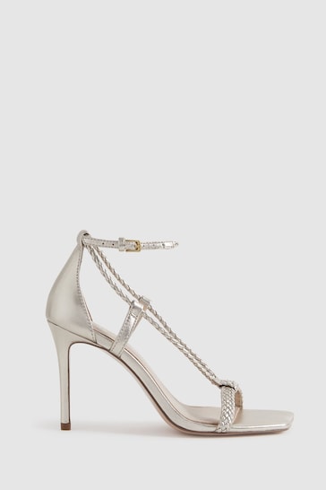 Reiss Gold Paige Leather Plaited Strappy Heeled Sandals
