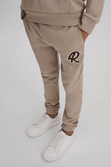 Reiss Taupe Toby Cotton Elasticated Waist Motif Joggers