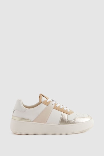 Reiss White/Gold Aira Mid Top Leather Trainers