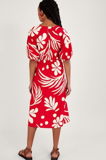 Monsoon Red Abstract Palm Print Tie Front Midi Dress