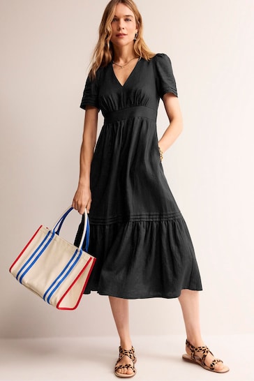 Boden Black Short Sleeve Linen Midi Dress