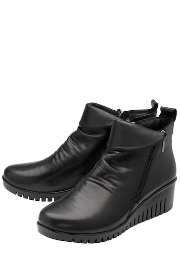 Lotus Black Leather Wedge Ankle Boots