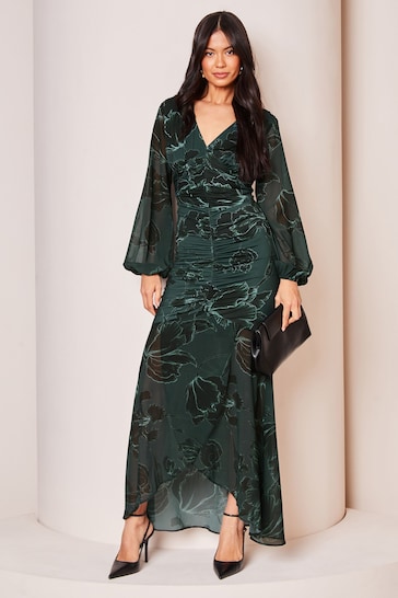 Lipsy Green Floral Long Sleeve Jersey Ruched Midaxi Dress