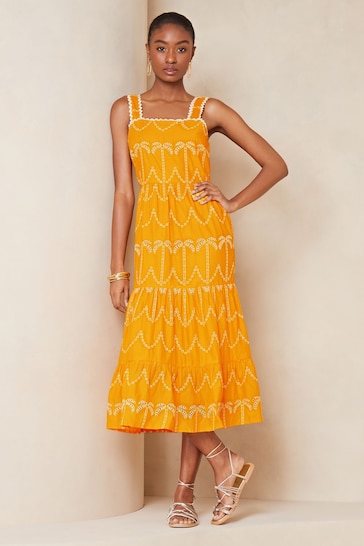 Lipsy Yellow Palm Broderie Tiered Summer Holiday Midi Dress