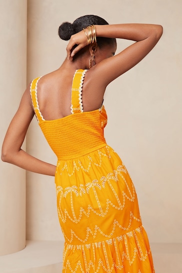 Lipsy Yellow Palm Broderie Tiered Summer Holiday Midi Dress