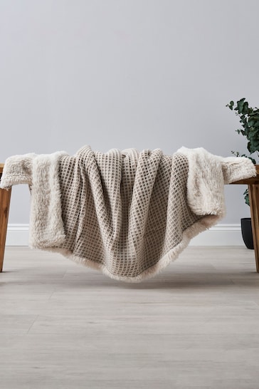 BHS Natural Knitted Waffle with Sherpa Throw