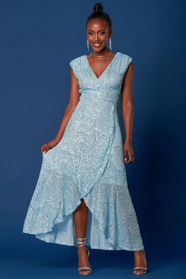 Jolie Moi Light Blue Sequin Wrap Ruffle Hem Maxi Dress