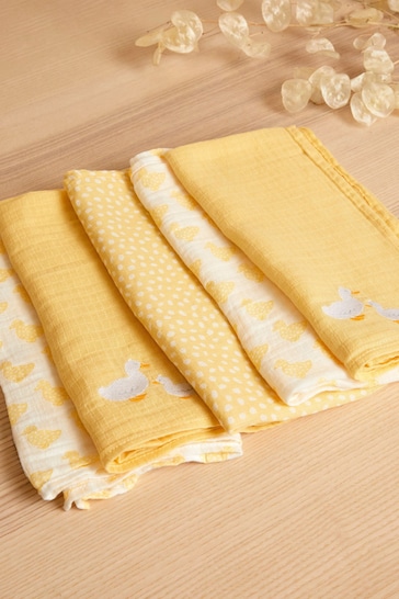 JoJo Maman Bébé Yellow 5-Pack Embroidered Muslin Squares