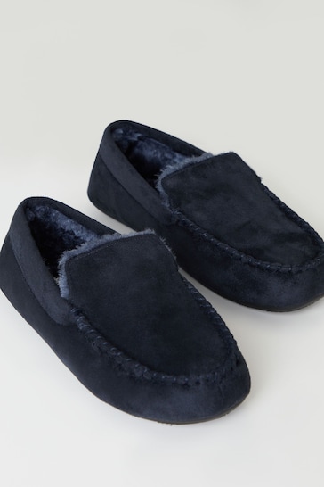 Threadbare Blue Faux Fur Lined Suedette Moccasin Slippers