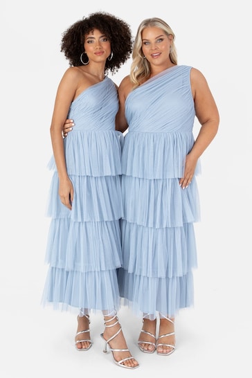 Anaya With Love Blue Tulle One Shoulder Tiered Midaxi Bridesmaid Dress