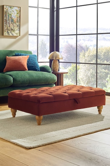 Buttoned Soft Velvet Rust Brown Albury Large with Storage Footstool