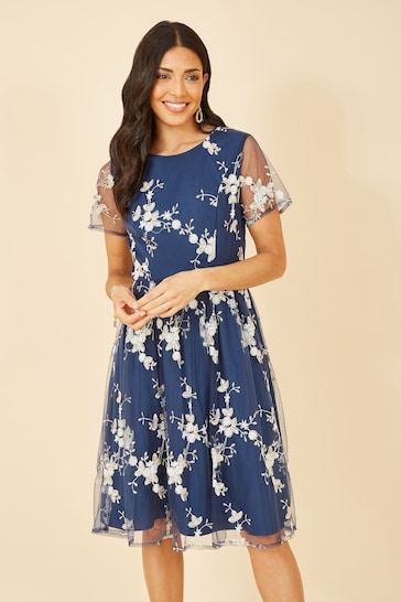 Yumi Blue Embroidered Floral Skater Dress