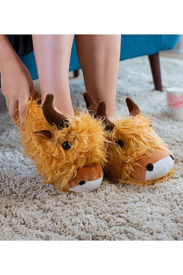 MenKind Brown Fuzzy Friends Highland Cow Slippers