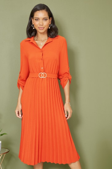 Mela Orange Pleated Skirt Midi Dress With Belt Buckle