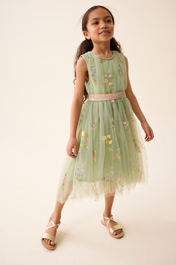 Green Floral Embroidered Mesh Tie Back Party Dress (3-16yrs)