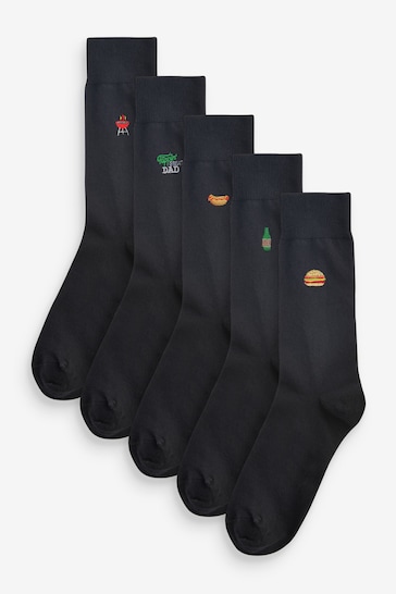 Black Father's Day BBQ Fun Embroidered Socks 5 Pack