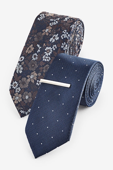 Navy Blue Floral/Polka Dot Textured Tie With Tie Clip 2 Pack
