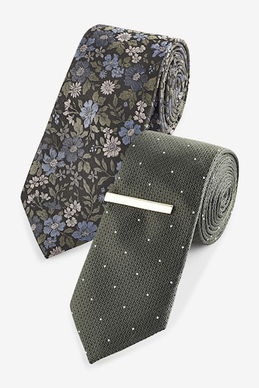 Forest Green Floral/Polka Dot Textured Tie With Tie Clip 2 Pack