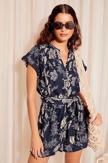 Friends Like These Navy Blue Linen Belted Shorts Sleeve Utility Playsuit