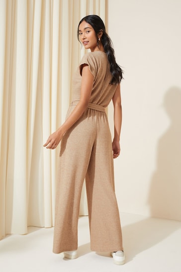 Friends Like These Camel Tie Belt Cosy Knit Rolled Sleeve Jumpsuit