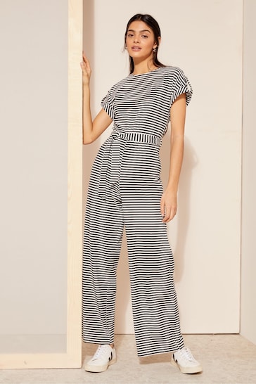 Friends Like These Black Tie Belt Cosy Knit Rolled Sleeve Jumpsuit