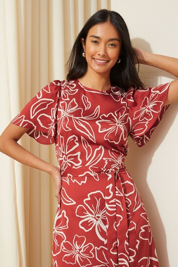 Friends Like These Red Flutter Sleeve Printed Satin Midi Summer Dress