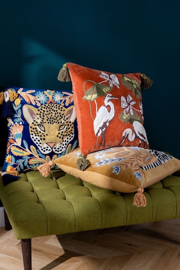 Wylder Tropics Royal Blue Regal Leopard Embroidered Velvet Cushion