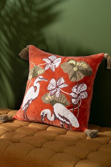 Wylder Tropics Coral Kushiro Embroidered Velvet Cushion