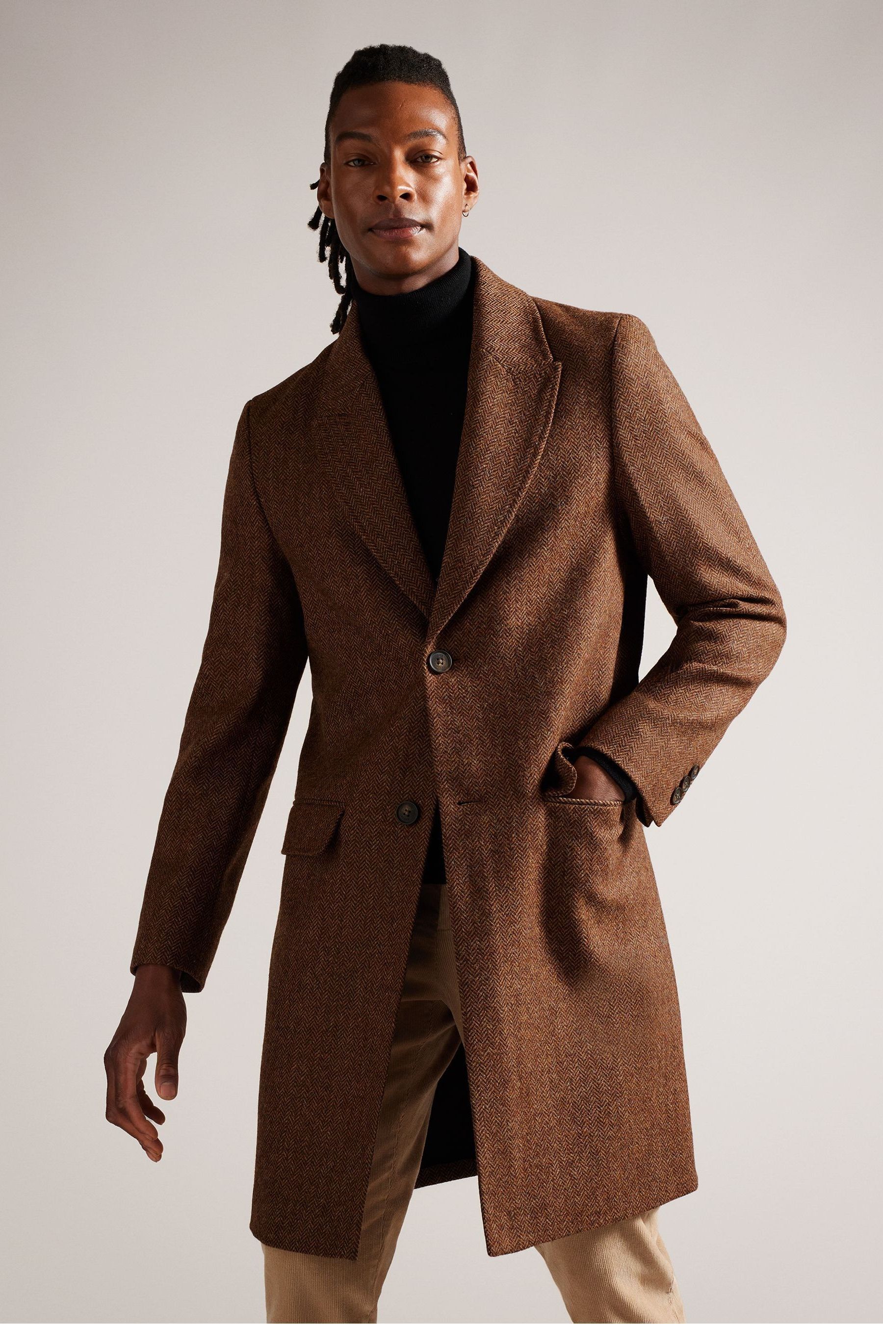 Buy Ted Baker Raywood Tan British Wool Herringbone Brown Overcoat