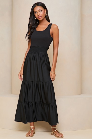 Lipsy Black Hybrid Shirred Waist Summer Holiday Maxi Dress