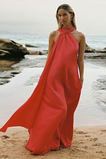 Reiss Coral Odell Linen Blend Drape Maxi Dress