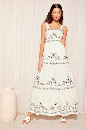 Friends Like These Ivory White Embroidered Tiered Strappy Maxi Dress