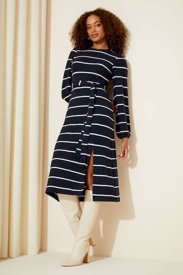 Friends Like These Navy Blue Stripe Soft Touch Knitted Belted Midi Dress