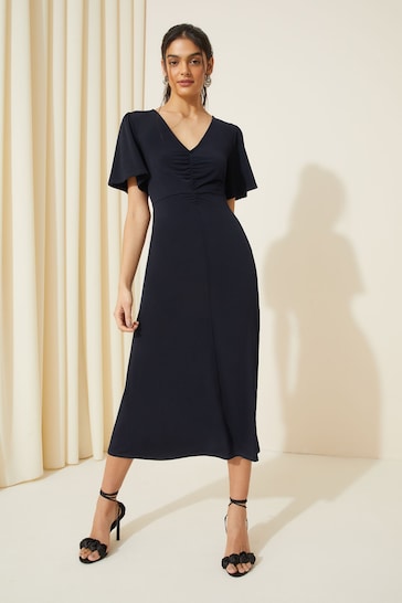 Friends Like These Navy Blue Ruched Front Flutter Sleeve Midi Dress
