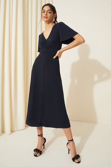 Friends Like These Navy Blue Ruched Front Flutter Sleeve Midi Dress