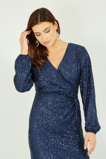 Yumi Blue Sequin Ruched Wrap Long Sleeve Dress