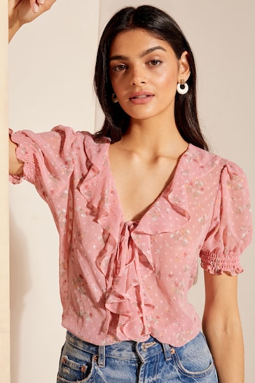 Friends Like These Pink Floral Ruffle Front Puff Sleeve Blouse