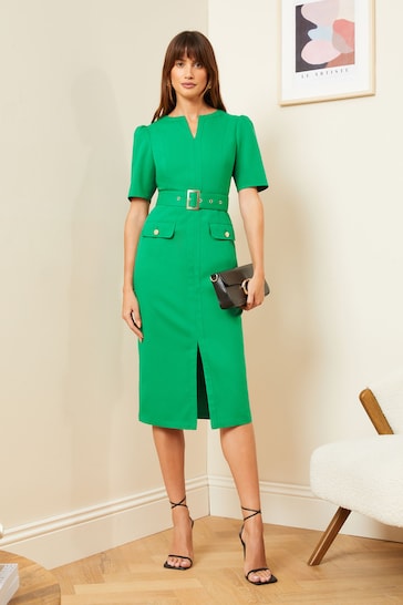 Love & Roses Green Tailored Belted V Neck Short Sleeve Midi Dress
