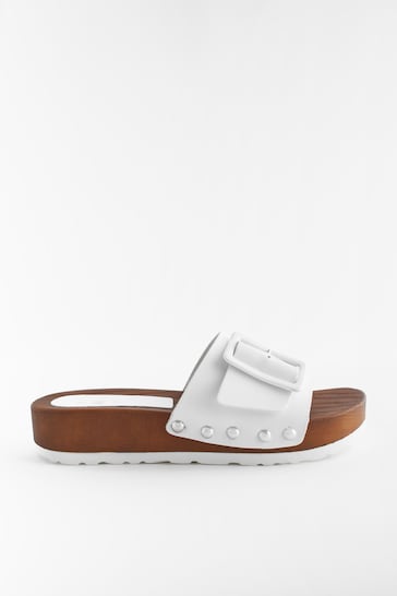 White Buckle Clog Mule Sandals