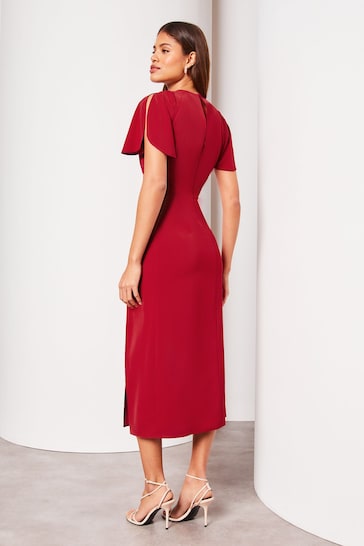 Lipsy Red Petite Ruched Button Front Sleeved Midi Dress