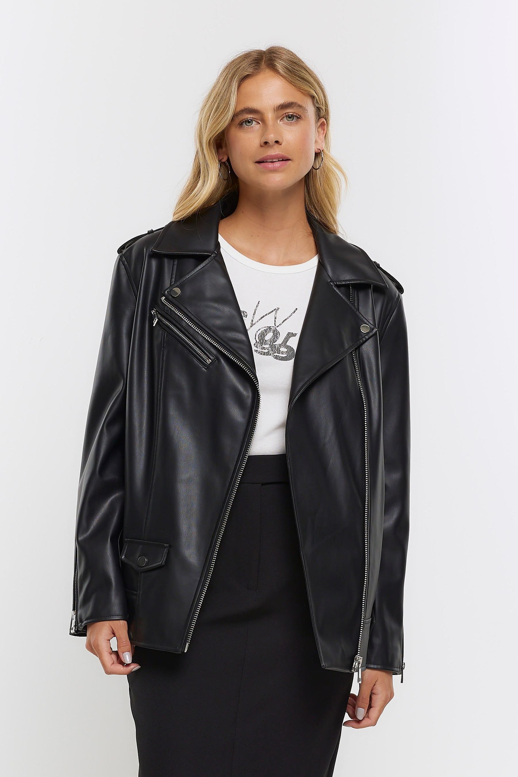 Buy River Island Black Faux Leather Oversized Biker Jacket from